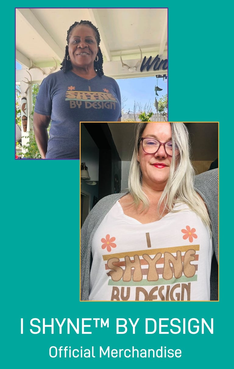 Two people wearing Shyne by Design branded t-shirts showcasing official merchandise