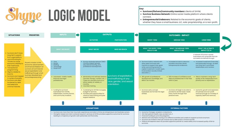 Skype Logic Model diagram showing inputs, processes, outputs, and outcomes with colored boxes and arrows indicating program flow