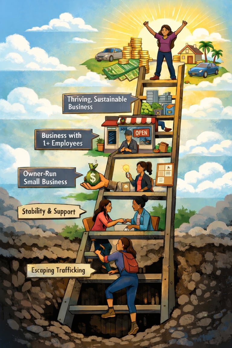 Illustrated ladder showing business progression from escaping trafficking to thriving sustainable business with people at each level